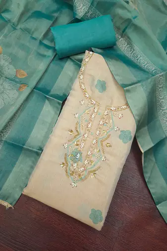 multi unstitched shimmer print handwork with printed dupatta linen dress material
