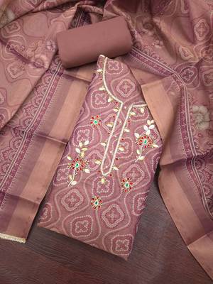 multi unstitched shimmer print handwork with printed dupatta linen dress material 4