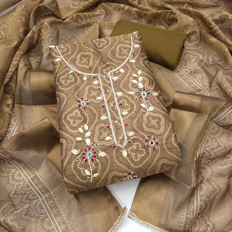multi unstitched shimmer print handwork with printed dupatta linen dress material