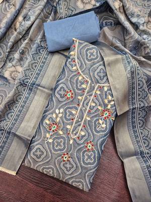 multi unstitched shimmer print handwork with printed dupatta linen dress material 4