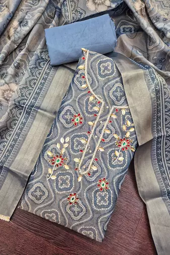 multi unstitched shimmer print handwork with printed dupatta linen dress material