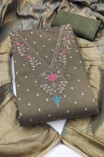 olive green unstitched weaving handwork with woven dupatta modal butti chanderi dress material