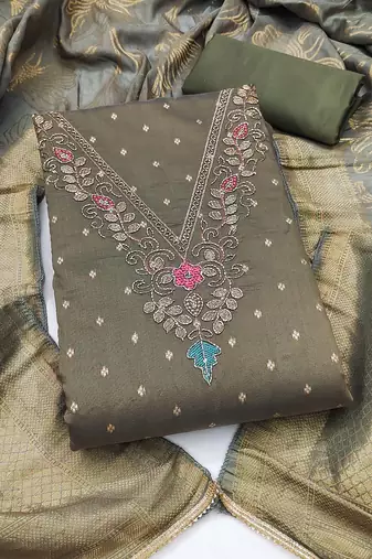 olive green unstitched weaving handwork with woven dupatta modal butti chanderi dress material