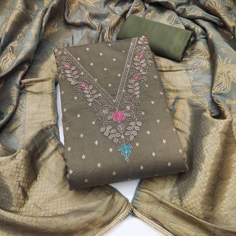 olive green unstitched weaving handwork with woven dupatta modal butti chanderi dress material