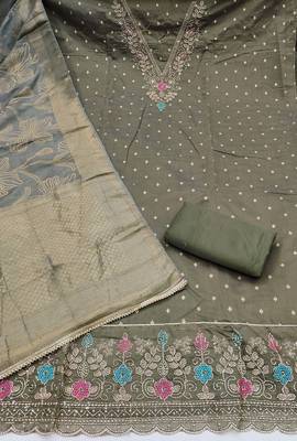 olive green unstitched weaving handwork with woven dupatta modal butti chanderi dress material 2