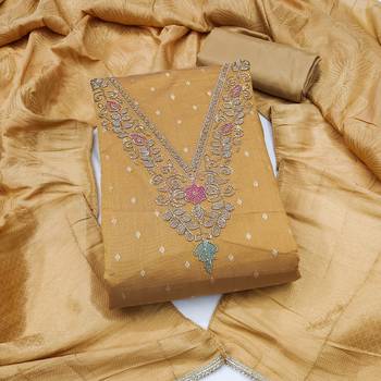 beige unstitched weaving handwork with woven dupatta modal butti chanderi dress material 1