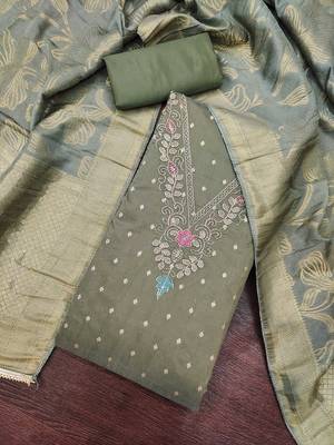 olive green unstitched weaving handwork with woven dupatta modal butti chanderi dress material 4