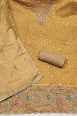 beige unstitched weaving handwork with woven dupatta modal butti chanderi dress material 2