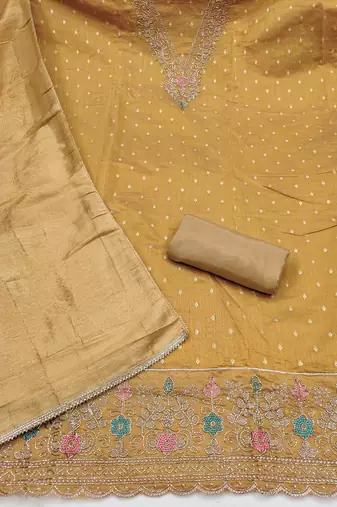 beige unstitched weaving handwork with woven dupatta modal butti chanderi dress material