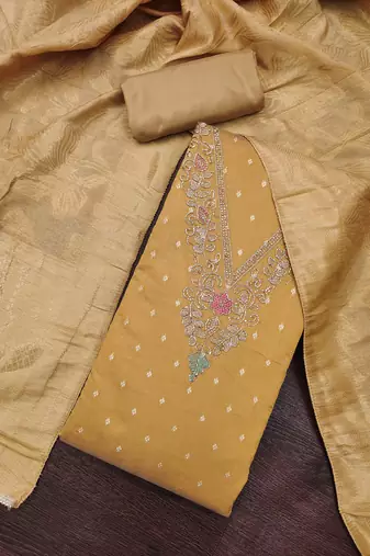 beige unstitched weaving handwork with woven dupatta modal butti chanderi dress material