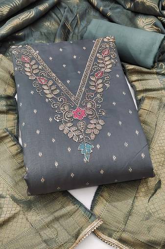 grey unstitched weaving handwork with woven dupatta modal butti chanderi dress material