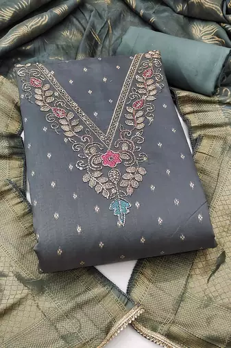 grey unstitched weaving handwork with woven dupatta modal butti chanderi dress material