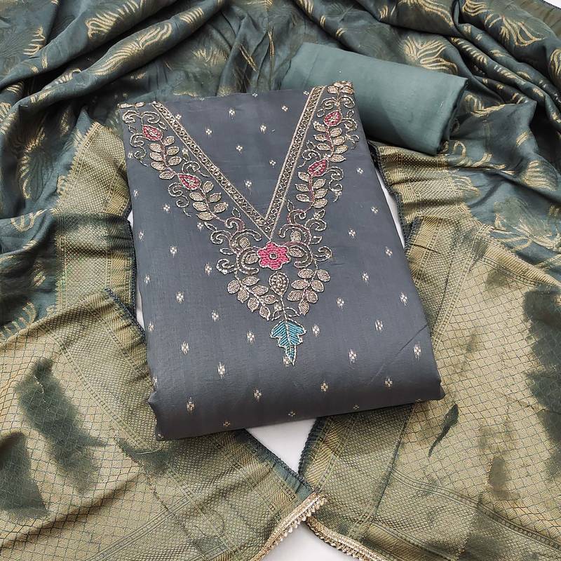 grey unstitched weaving handwork with woven dupatta modal butti chanderi dress material