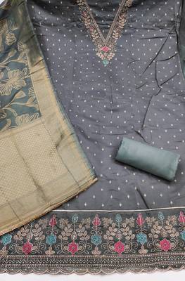 grey unstitched weaving handwork with woven dupatta modal butti chanderi dress material 2