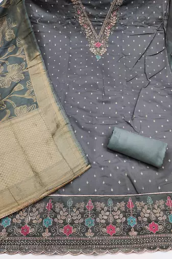 grey unstitched weaving handwork with woven dupatta modal butti chanderi dress material
