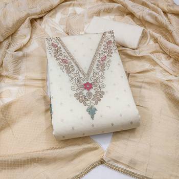 white unstitched weaving handwork with woven dupatta modal butti chanderi dress material 1