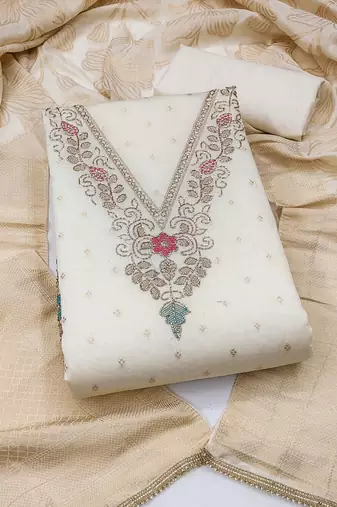 white unstitched weaving handwork with woven dupatta modal butti chanderi dress material