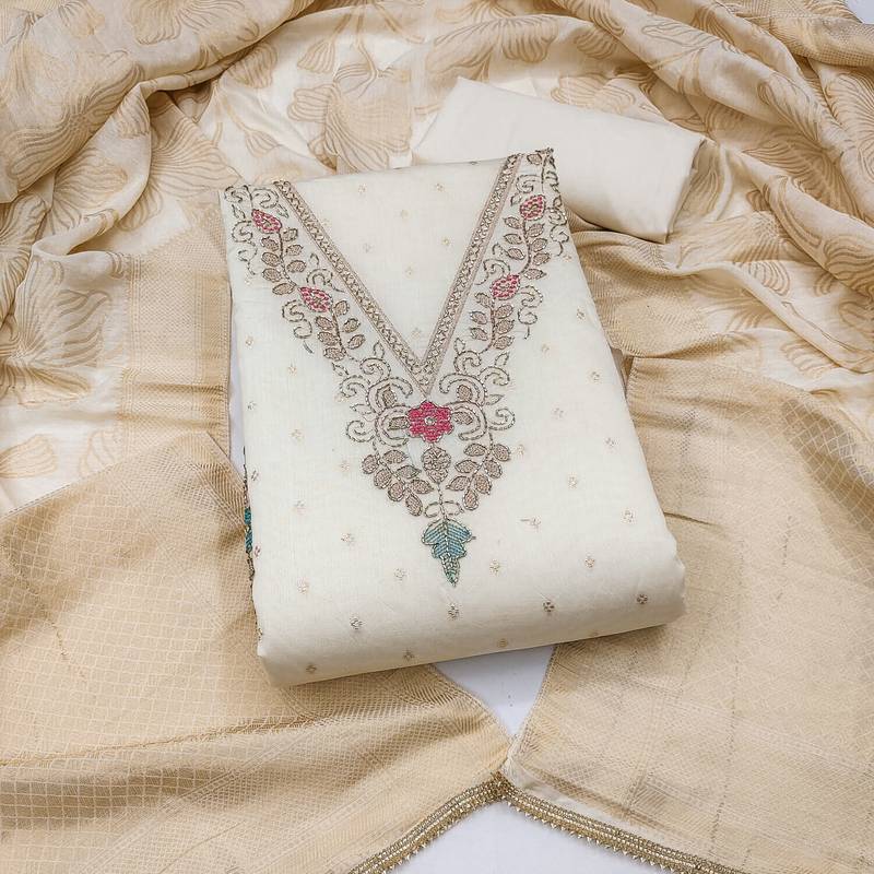 white unstitched weaving handwork with woven dupatta modal butti chanderi dress material