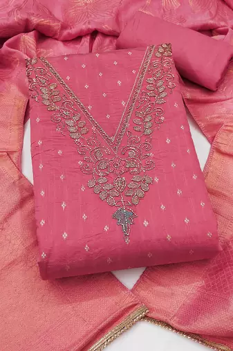 pink unstitched weaving handwork with woven dupatta modal butti chanderi dress material