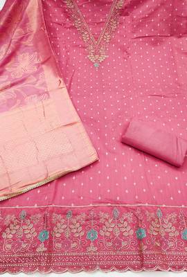 pink unstitched weaving handwork with woven dupatta modal butti chanderi dress material 2