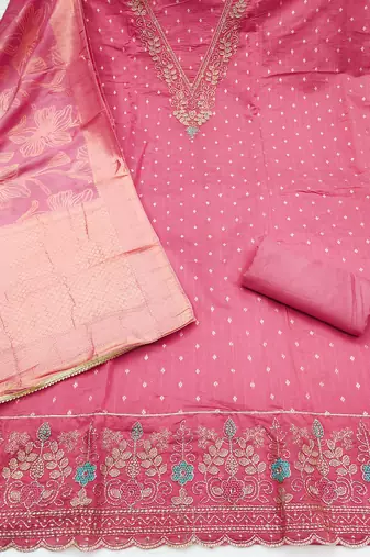 pink unstitched weaving handwork with woven dupatta modal butti chanderi dress material