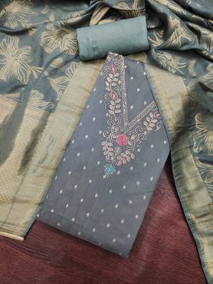 grey unstitched weaving handwork with woven dupatta modal butti chanderi dress material 4