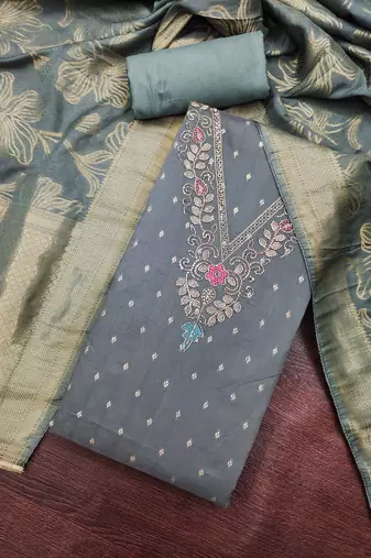 grey unstitched weaving handwork with woven dupatta modal butti chanderi dress material