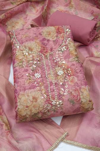 multi unstitched shimmer print handwork with printed dupatta linen dress material