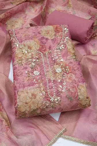 multi unstitched shimmer print handwork with printed dupatta linen dress material