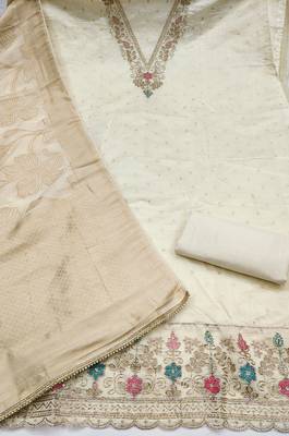 white unstitched weaving handwork with woven dupatta modal butti chanderi dress material 2
