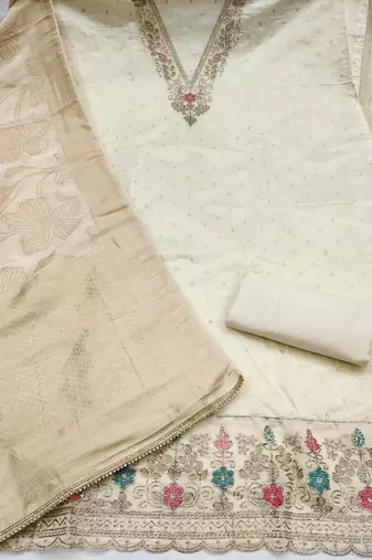 white unstitched weaving handwork with woven dupatta modal butti chanderi dress material