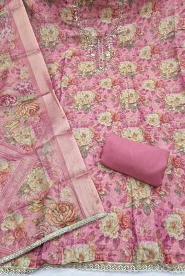 multi unstitched shimmer print handwork with printed dupatta linen dress material 2