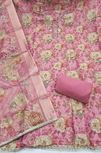 multi unstitched shimmer print handwork with printed dupatta linen dress material