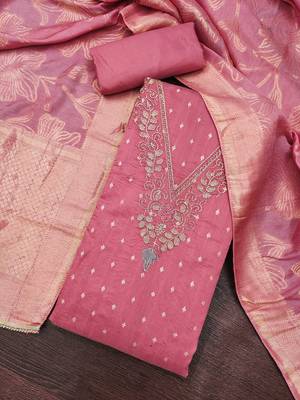 pink unstitched weaving handwork with woven dupatta modal butti chanderi dress material 4