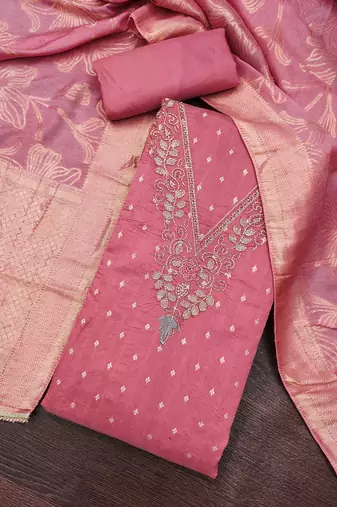 pink unstitched weaving handwork with woven dupatta modal butti chanderi dress material
