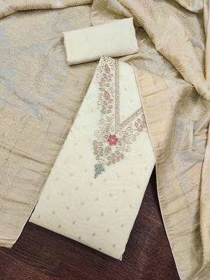 white unstitched weaving handwork with woven dupatta modal butti chanderi dress material 4