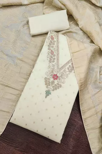 white unstitched weaving handwork with woven dupatta modal butti chanderi dress material