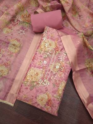 multi unstitched shimmer print handwork with printed dupatta linen dress material 4