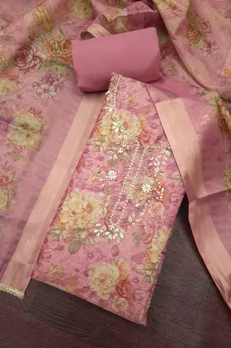 multi unstitched shimmer print handwork with printed dupatta linen dress material
