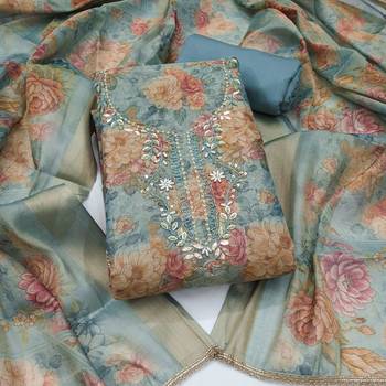 multi unstitched shimmer print handwork with printed dupatta linen dress material 1