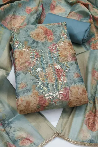 multi unstitched shimmer print handwork with printed dupatta linen dress material