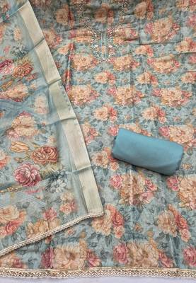 multi unstitched shimmer print handwork with printed dupatta linen dress material 2