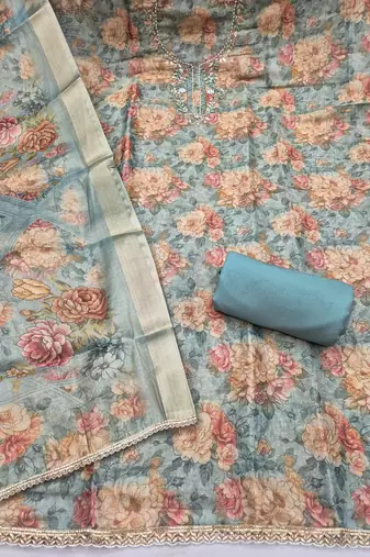 multi unstitched shimmer print handwork with printed dupatta linen dress material
