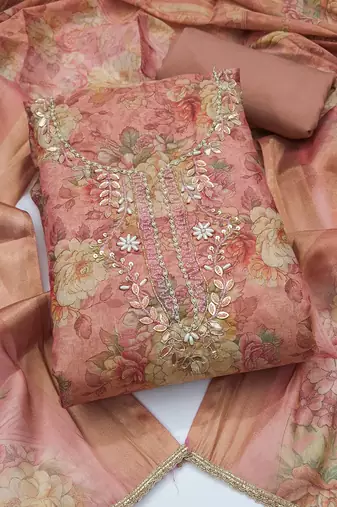 multi unstitched shimmer print handwork with printed dupatta linen dress material