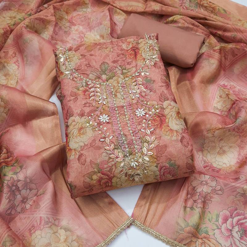 multi unstitched shimmer print handwork with printed dupatta linen dress material