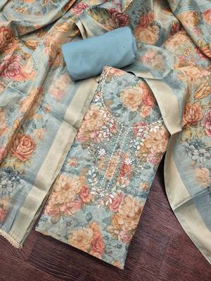 multi unstitched shimmer print handwork with printed dupatta linen dress material 4