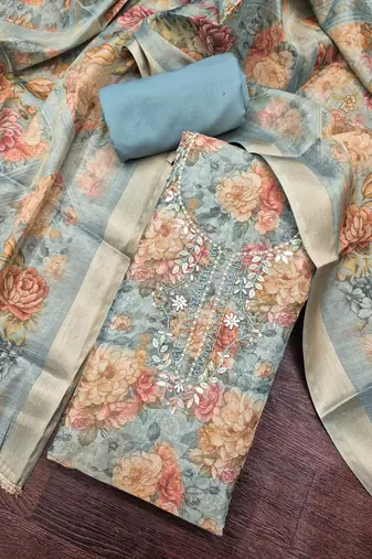 multi unstitched shimmer print handwork with printed dupatta linen dress material