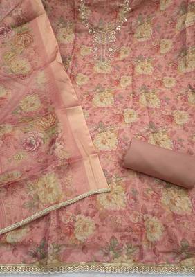 multi unstitched shimmer print handwork with printed dupatta linen dress material 2
