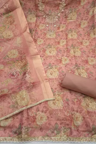 multi unstitched shimmer print handwork with printed dupatta linen dress material