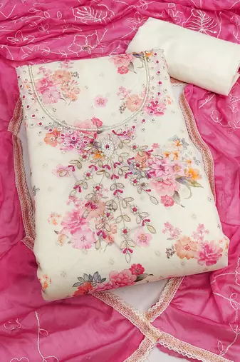multi unstitched digital print handwork with embroidered dupatta modal butti chanderi dress material